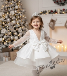 Официална детска рокля с дълъг ръкав в бяло с пайети отгоре  от колекция Снежина