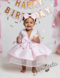 Официална детска рокля Мира с дълъг ръкав в розово с пайети отгоре  от колекция Розовина