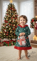 Детска коледна рокля в зелено със снежен човек и качулка