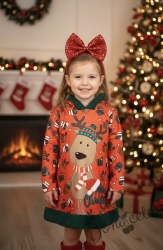 Детска коледна рокля в червено с коледни мотиви и качулка