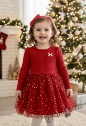 Коледна детска рокля в червено с панделка и тюл в червено със звездички