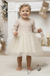 Детска рокля в бежово с панделка и тюл в бежово със звездички