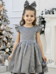 Официална детска рокля с къс ръкав с блясък Балеа в сребристо