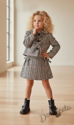 Комплект за момиче от 2 части-сако пепит и пола пепит с ефектни панделки