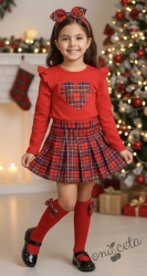 Комплект за момиче от 2 части-пола плисе от трико Роси в каре и блуза с дълъг ръкав в червено със сърце в каре