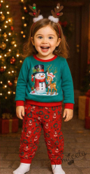 Коледен бебешки/детски комплект от блуза в зелено с коледна картинка и панталонки в червено с коледни мотиви
