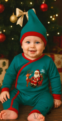 Бебешки коледен гащеризон в зелено с коледна картинка с Дядо Коледа и коледна шапка в зелено