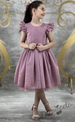 Официална детска рокля с къс ръкав с блясък в пепел от рози с тюл с панделка и фиба с панделка Балеа