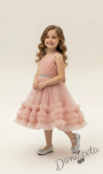 Официална детска/бебешка рокля в прасковено с тюл и панделка Тиана