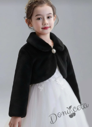 Детско пухкаво болеро в черно с якичка и с брошка за закопчаване