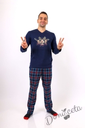 Мъжка коледна пижама в тъмносиньо с весели еленчета и надпис