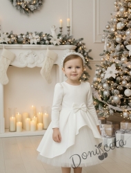  Официална детска рокля от плат Мариска с дълъг ръкав в бяло и тюл 