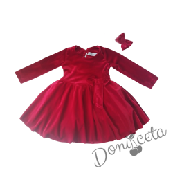 Детска коледна рокля в червено с панделка Елиса и фиба за коса