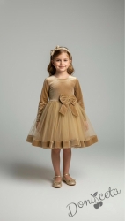 Детска рокля в бежово с тюл и панделка Тая и фиба за коса