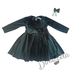 Детска коледна рокля в зелено с панделка Елиса и фиба за коса