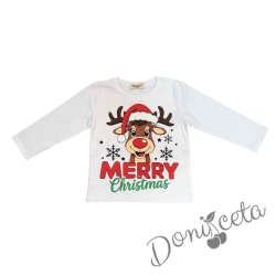 Детска или дамска или мъжка коледна блуза с дълъг ръкав в бяло с картинка на еленче