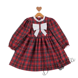 Детска коледна рокля с дълъг ръкав в червено каре с панделка