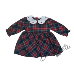 Бебешка коледна рокля с дълъг ръкав в каре с ефектна яка с коледни мотиви