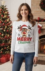 Дамска коледна блуза с дълъг ръкав в бяло с картинка на еленче