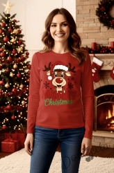 Дамска коледна блуза с дълъг ръкав в червено с картинка на еленче