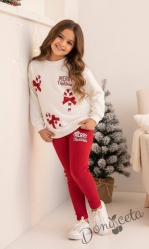 Коледен комплект за момиче от ватирана блуза в бяло с коледни мотиви и панделки и клин рипс в червено
