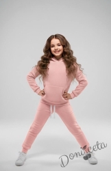  Комплект за момиче от ватиран суитшърт с качулка и долнище в цвят пудра