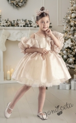 Официална детска рокля с тюл в бежово златисто Даян и панделка за коса от колекция Бежина