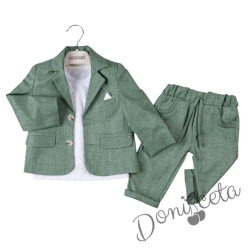 Бебешки елегантен костюм за момче от 4 части в зелено-тениска с къс ръкав в бяло, сако в зелено, панталон и папийонка