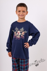 Детска коледна пижама в тъмносиньо с весели еленчета и надпис