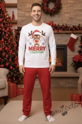 Мъжка коледна пижама в бяло и червено с весело еленче и надпис Весела Коледа