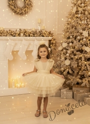 Официална къса детска рокля в златисто с тюл на пластове Малисия 