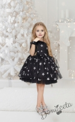 Официална детска рокля в черно на звезди в сребристо и фиба за коса от колекция Черновина