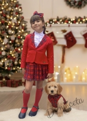 Детски комплект за момиче от пола плисе в каре и сако в червено с каре 55700129