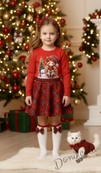 Комплект за момиче от 2 части-пола клош от трико Роси в каре и блуза с дълъг ръкав в червено с коледна картинка Карена