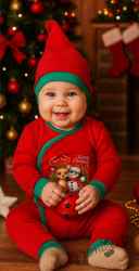 Бебешки коледен гащеризон в червено с коледна картинка със снежен човек и елен и коледна шапка в зелено