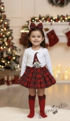 Детски комплект за момиче от пола каре и блуза в бяло с коледна картинка с джудже Карена