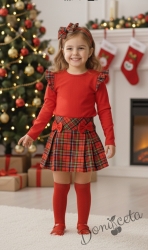 Комплект от 2 части за момиче-пола Вили от трико в каре и блуза с дълъг ръкав в червено с къдрички в каре Карена