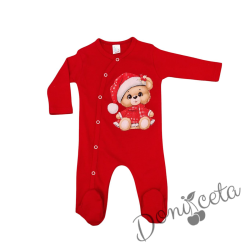 Бебешки коледен гащеризон в червено с коледна картинка на мече