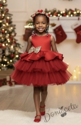 Коледна детска рокля в червено с тюл и панделка в златисто