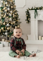Коледен бебешки комплект от риза каре, панталони в зелено с тиранти и папийонка в зелено