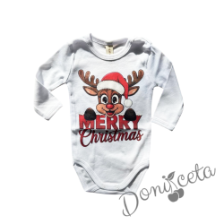 Коледно бебешко боди с дълъг ръкав в бяло с еленче