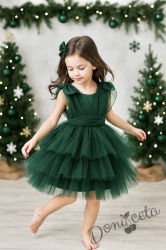 Официална къса детска рокля в коледно зелено с тюл Малисия