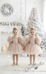 Детска официална рокля Блян с тюл в  пепелно прасковено, помпони и панделка за коса