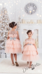 Детска празнична официална рокля Фрея с богат тюл в прасковено и панделка за коса