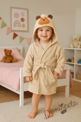 Детски халат за баня с качулка с маймунка и джобчета в бежово