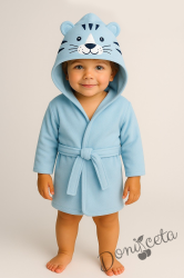 Детски халат за баня с качулка с тигър и джобчета в светлосиньо