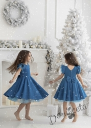 Официална празнична детска рокля с къс ръкав с брокат Балеа в светлосиньо с тюлче на ръкавите от колекция Кралина