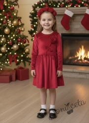 Детска плюшена рокля клош в червено с дълъг ръкав с цвете от плюш