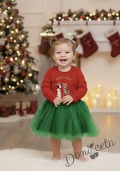 Ватирана коледна детска рокля Карена в червено с тюл в зелено с еленче