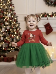 Детска коледна ватирана рокля Карена с дълъг ръкав в червено със зелен тюл птиче